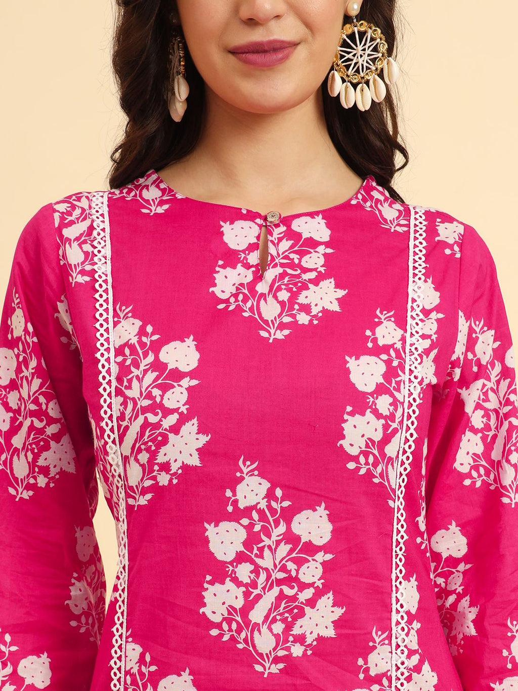 Yufta Pink Pure Cotton Floral printed Kurta With Trousers Dupatta Set | Grocsy