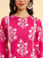 Yufta Pink Pure Cotton Floral printed Kurta With Trousers Dupatta Set | Grocsy
