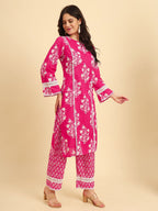 Yufta Pink Pure Cotton Floral printed Kurta With Trousers Dupatta Set | Grocsy