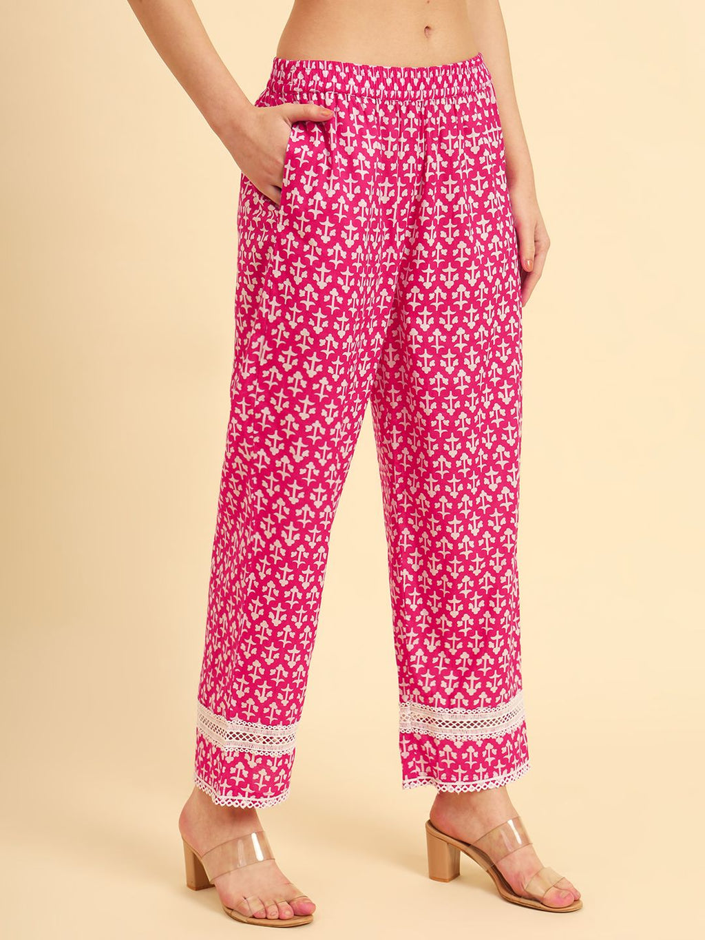 Yufta Pink Pure Cotton Floral printed Kurta With Trousers Dupatta Set | Grocsy