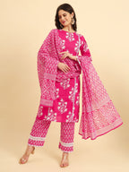 Yufta Pink Pure Cotton Floral printed Kurta With Trousers Dupatta Set | Grocsy
