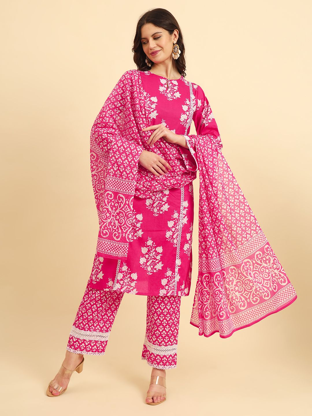 Yufta Pink Pure Cotton Floral printed Kurta With Trousers Dupatta Set | Grocsy