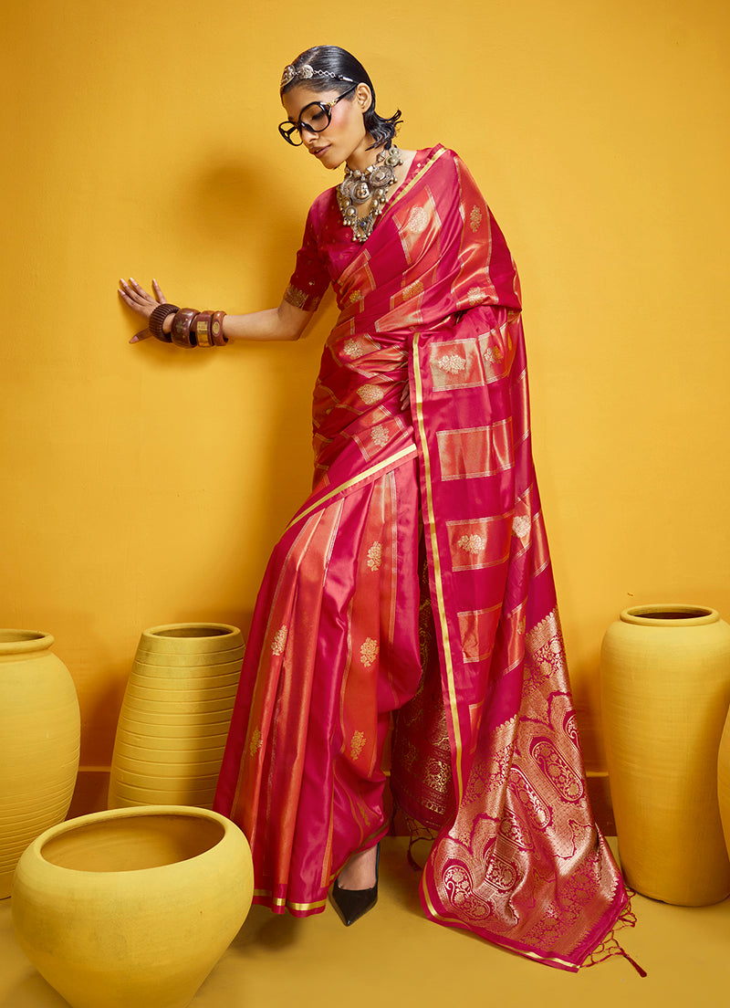 Monjolika Fashion Red Color Satin Silk Handloom Weaving Saree | Grocsy