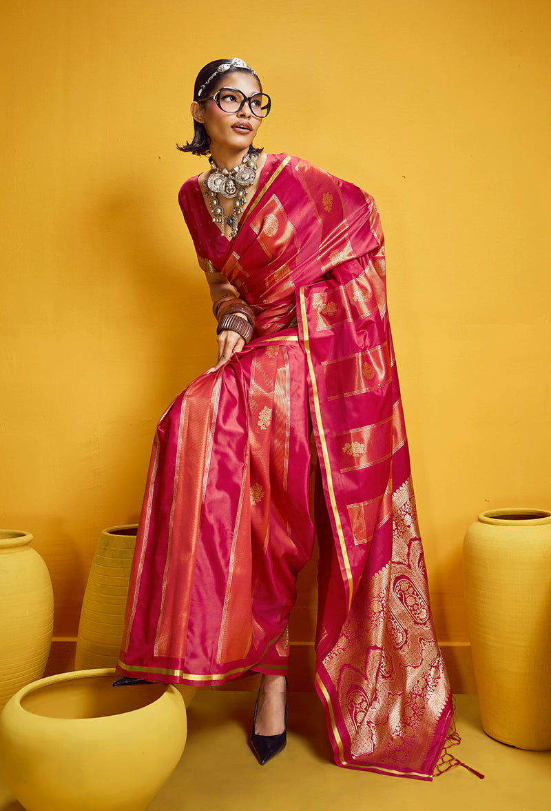 Monjolika Fashion Red Color Satin Silk Handloom Weaving Saree | Grocsy