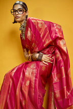 Monjolika Fashion Red Color Satin Silk Handloom Weaving Saree | Grocsy