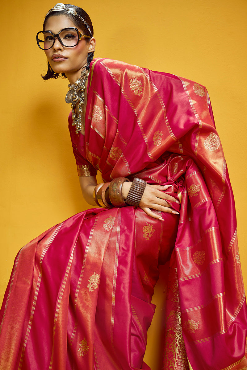Monjolika Fashion Red Color Satin Silk Handloom Weaving Saree | Grocsy