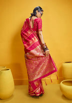 Monjolika Fashion Red Color Satin Silk Handloom Weaving Saree | Grocsy