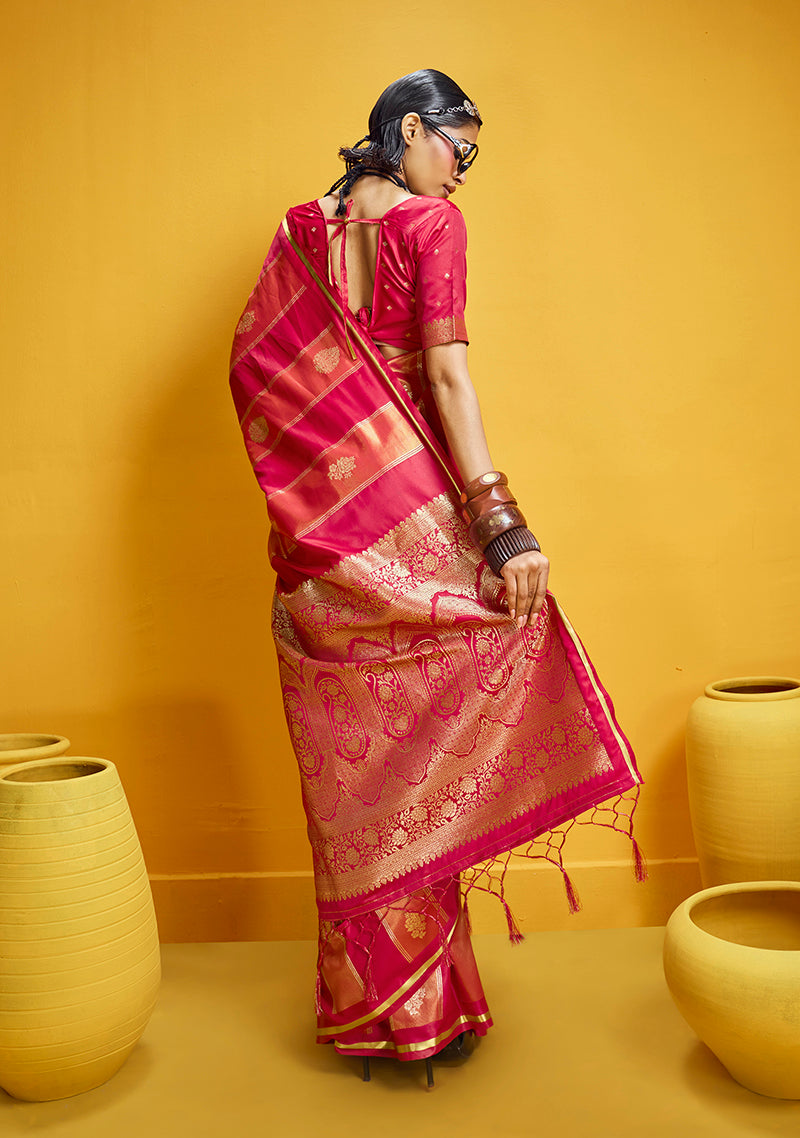 Monjolika Fashion Red Color Satin Silk Handloom Weaving Saree | Grocsy