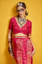 Monjolika Fashion Red Color Satin Silk Handloom Weaving Saree | Grocsy
