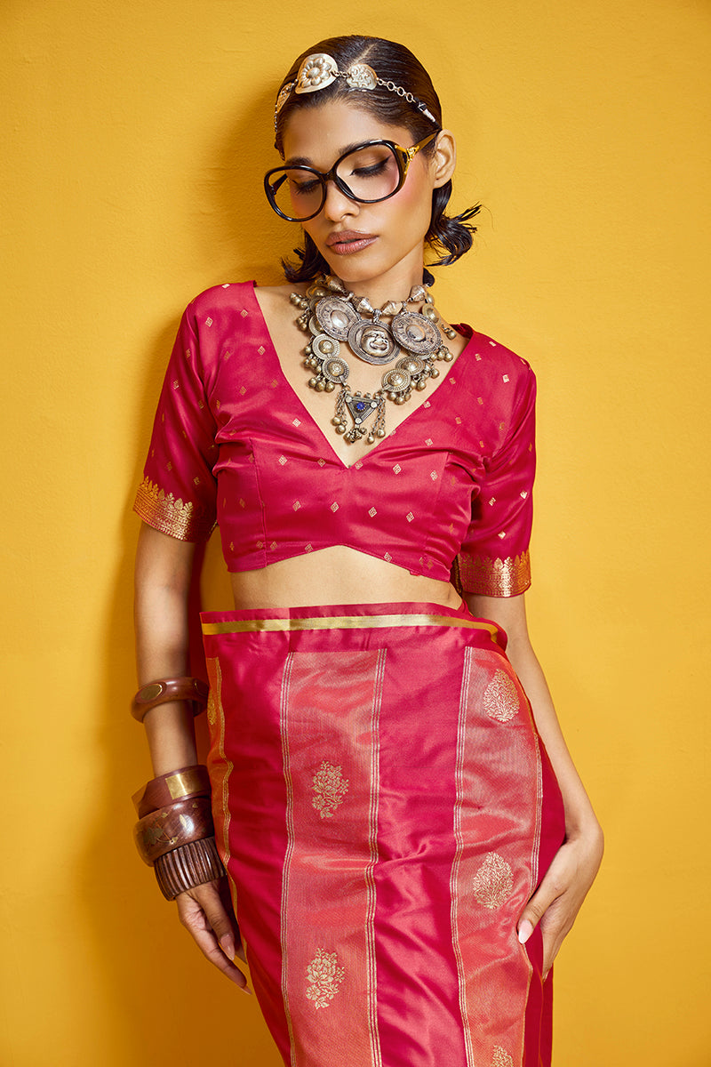 Monjolika Fashion Red Color Satin Silk Handloom Weaving Saree | Grocsy