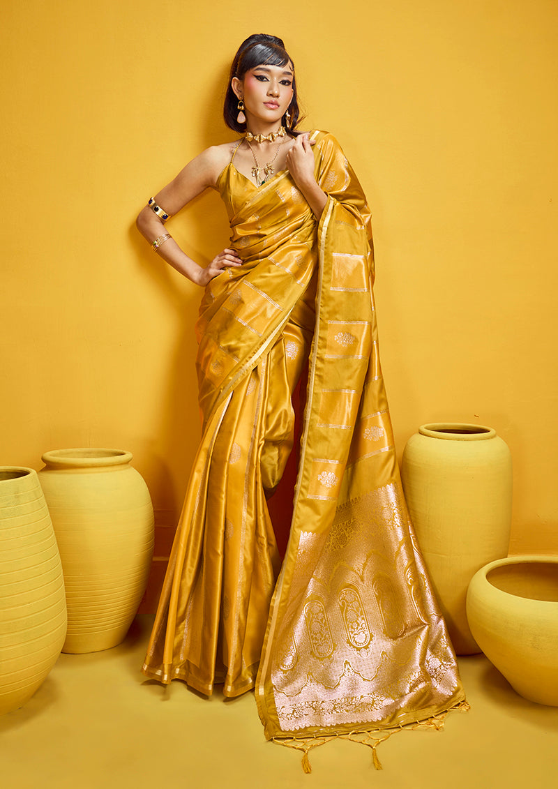 Monjolika Fashion Mustard Yellow Color Satin Silk Handloom Weaving Saree | Grocsy
