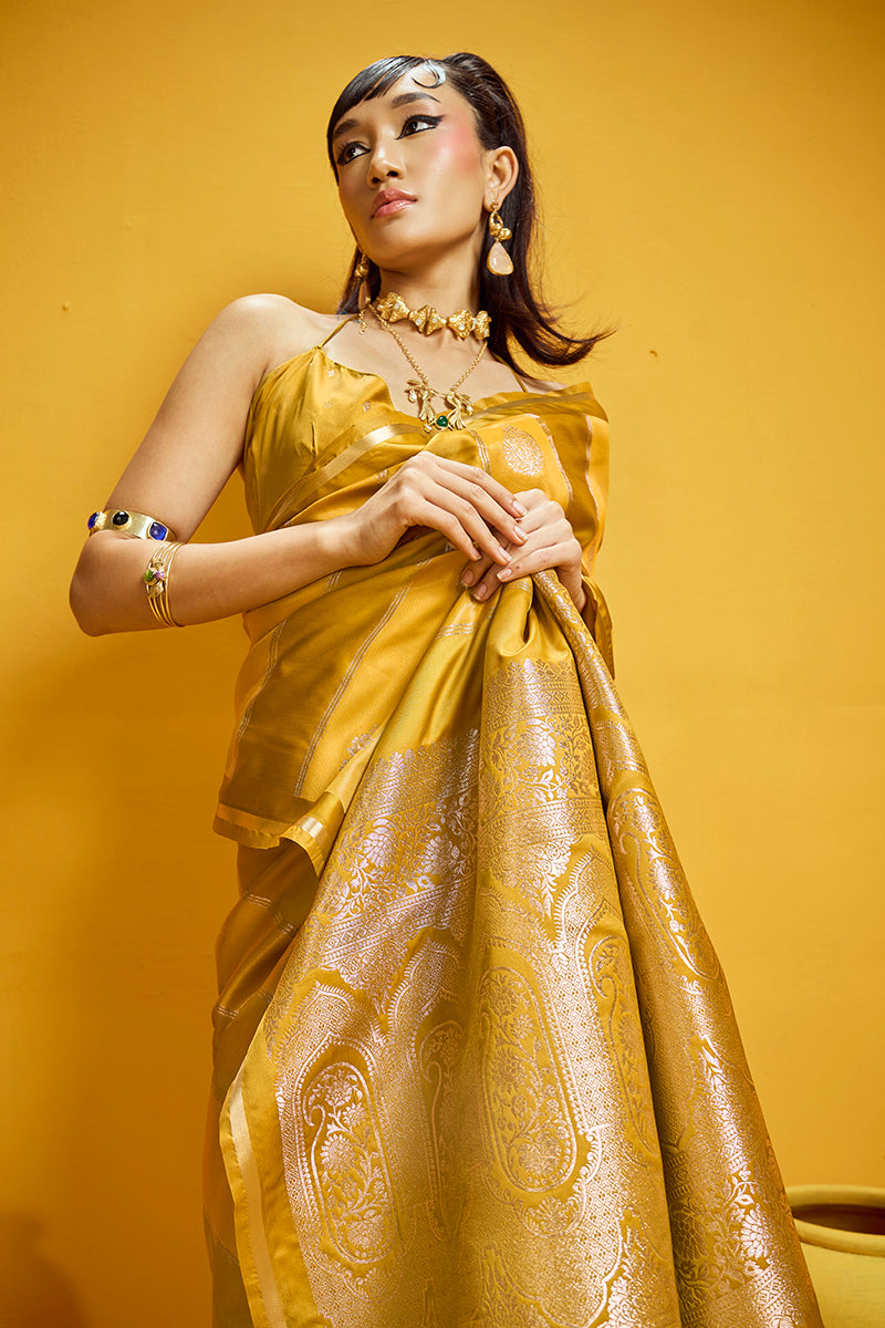Monjolika Fashion Mustard Yellow Color Satin Silk Handloom Weaving Saree | Grocsy