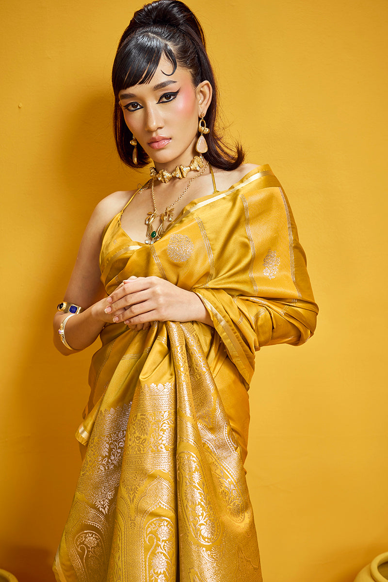 Monjolika Fashion Mustard Yellow Color Satin Silk Handloom Weaving Saree | Grocsy