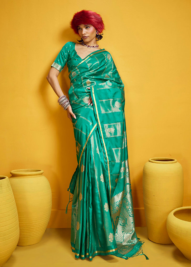 Monjolika Fashion Sea Green Color Satin Silk Handloom Weaving Saree | Grocsy