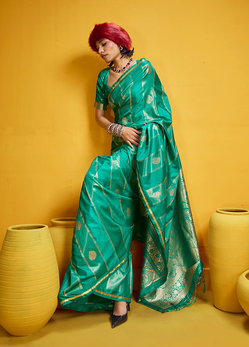 Monjolika Fashion Sea Green Color Satin Silk Handloom Weaving Saree | Grocsy