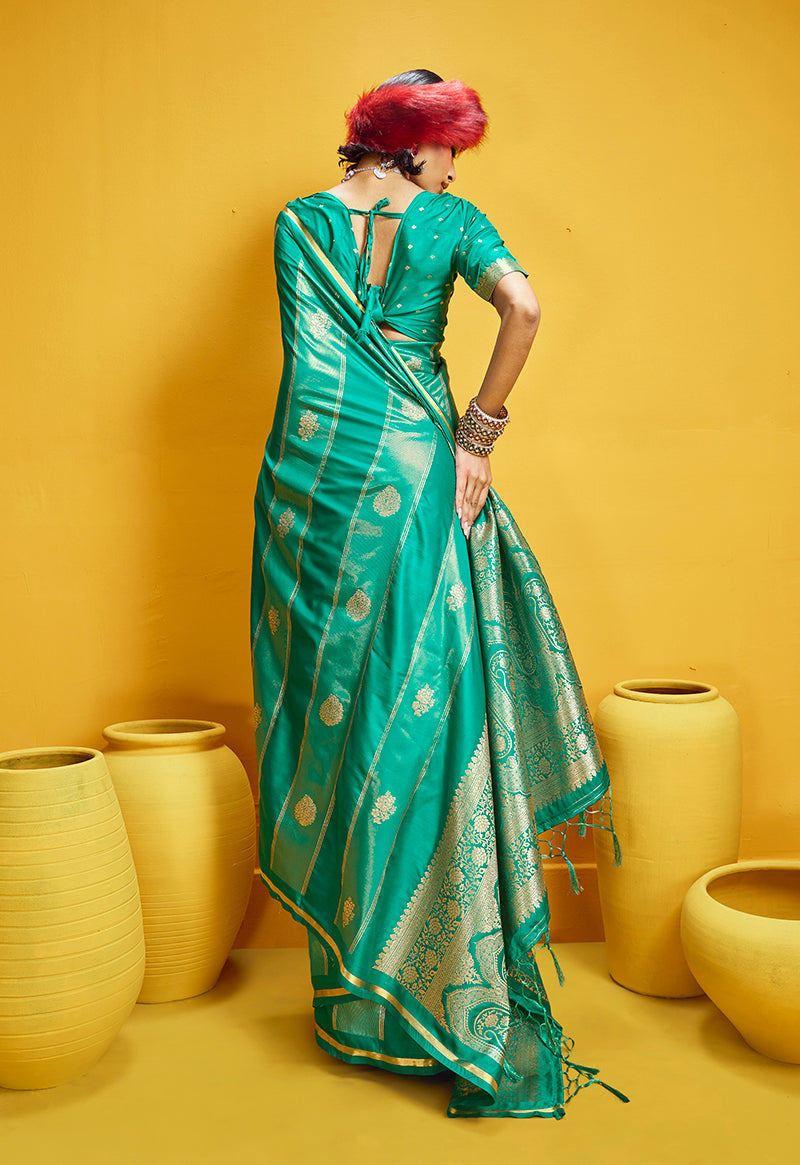 Monjolika Fashion Sea Green Color Satin Silk Handloom Weaving Saree | Grocsy
