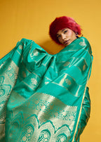 Monjolika Fashion Sea Green Color Satin Silk Handloom Weaving Saree | Grocsy