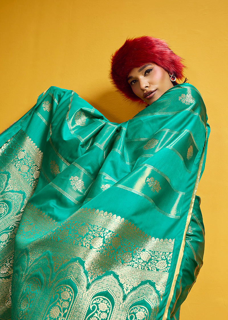 Monjolika Fashion Sea Green Color Satin Silk Handloom Weaving Saree | Grocsy