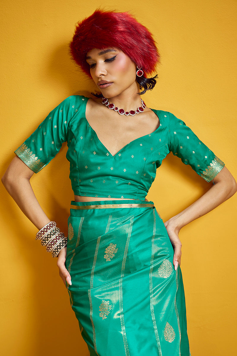 Monjolika Fashion Sea Green Color Satin Silk Handloom Weaving Saree | Grocsy