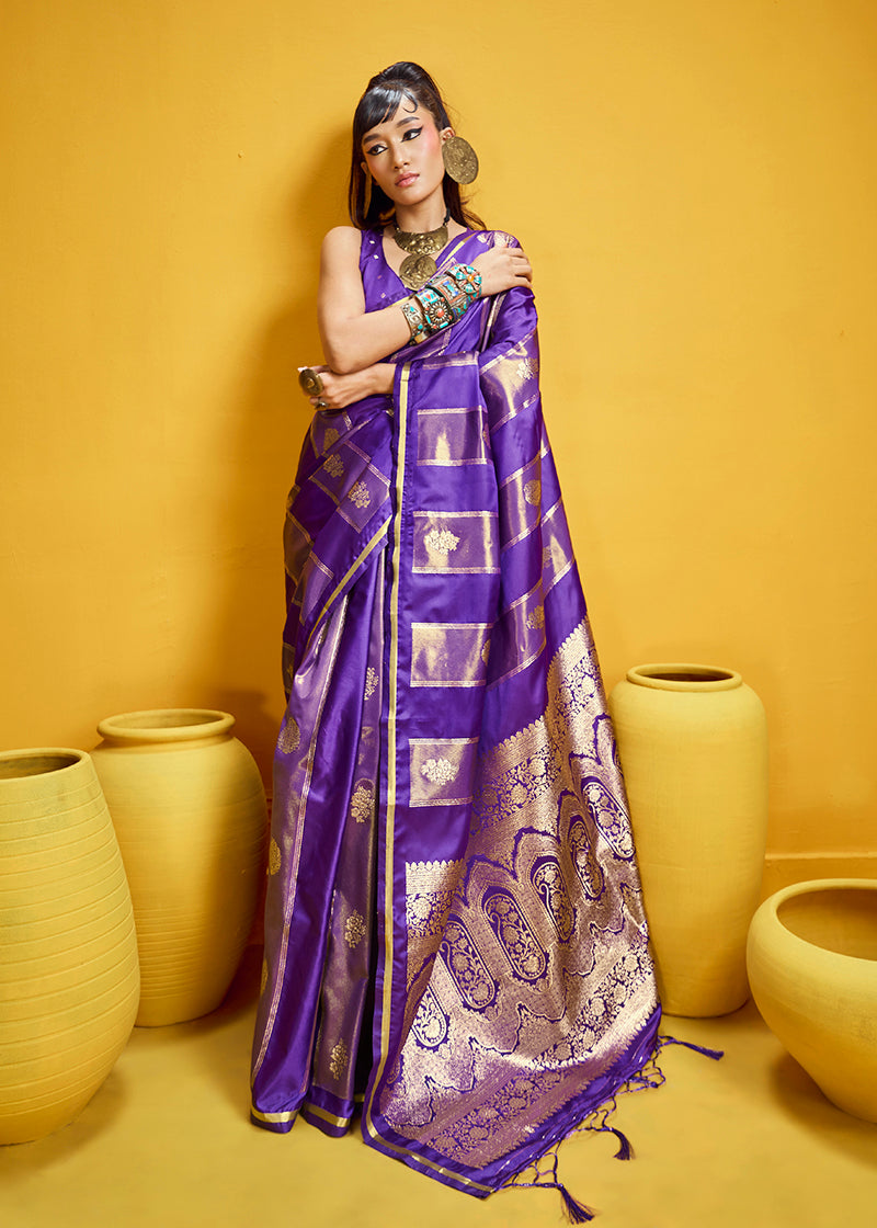 Monjolika Fashion Violet Color Satin Silk Handloom Weaving Saree | Grocsy