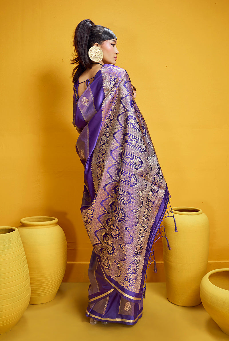 Monjolika Fashion Violet Color Satin Silk Handloom Weaving Saree | Grocsy