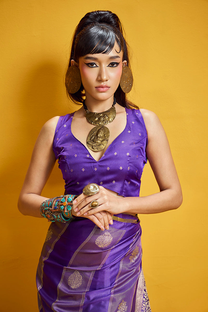 Monjolika Fashion Violet Color Satin Silk Handloom Weaving Saree | Grocsy