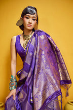 Monjolika Fashion Violet Color Satin Silk Handloom Weaving Saree | Grocsy
