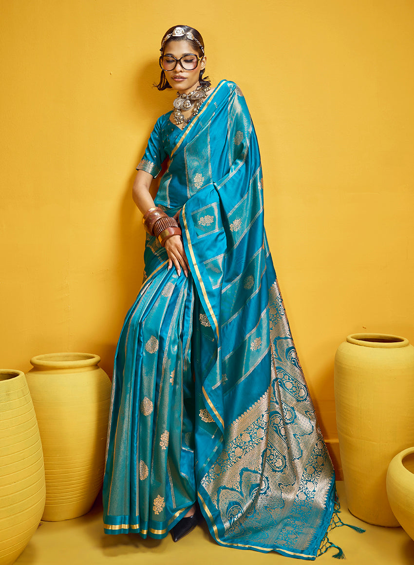 Monjolika Fashion Aqua Blue Color Satin Silk Handloom Weaving Saree | Grocsy