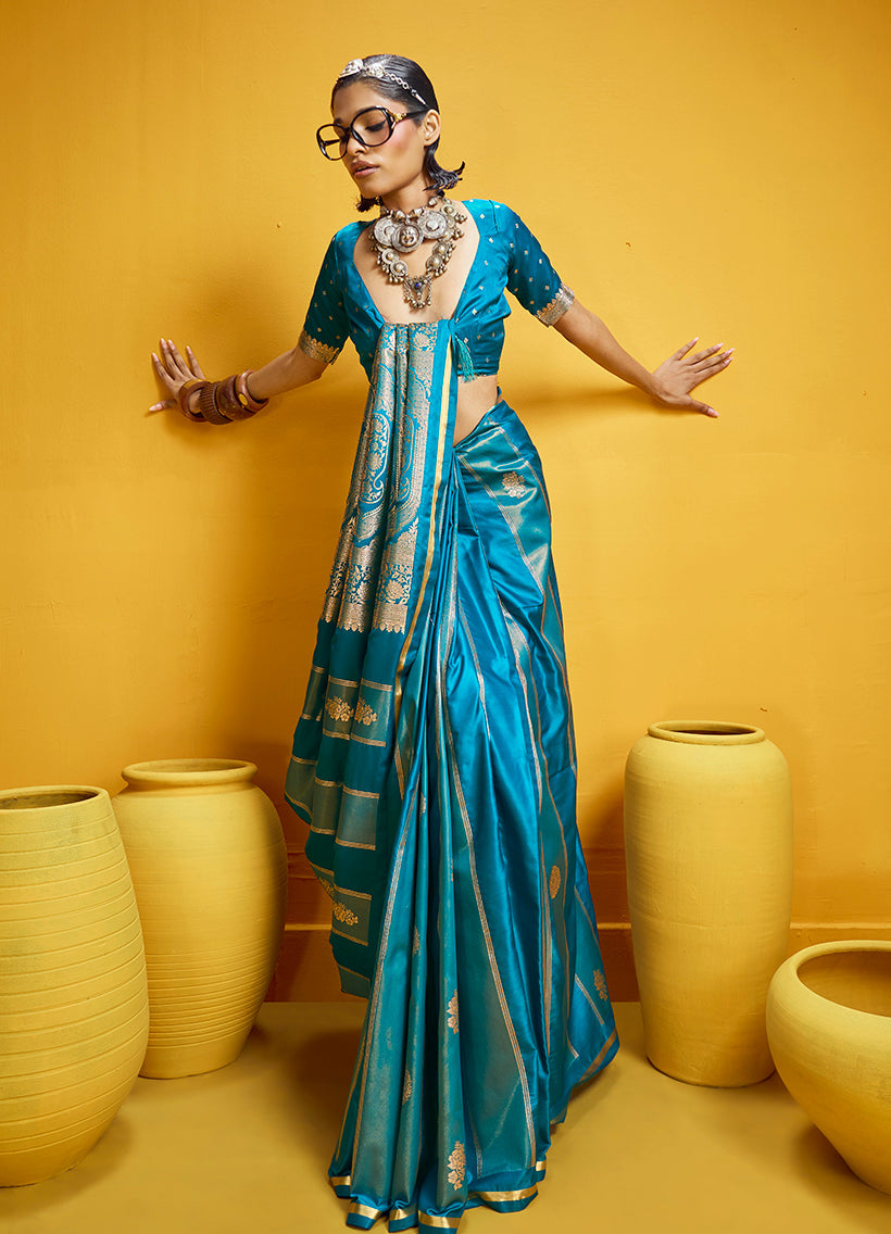Monjolika Fashion Aqua Blue Color Satin Silk Handloom Weaving Saree | Grocsy