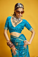 Monjolika Fashion Aqua Blue Color Satin Silk Handloom Weaving Saree | Grocsy