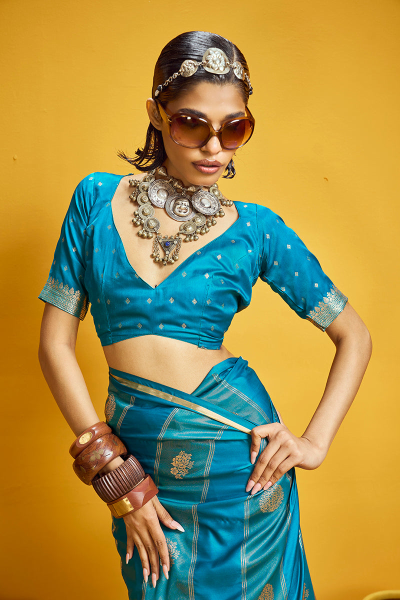 Monjolika Fashion Aqua Blue Color Satin Silk Handloom Weaving Saree | Grocsy