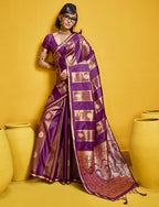 Monjolika Fashion Purple Color Satin Silk Handloom Weaving Saree | Grocsy