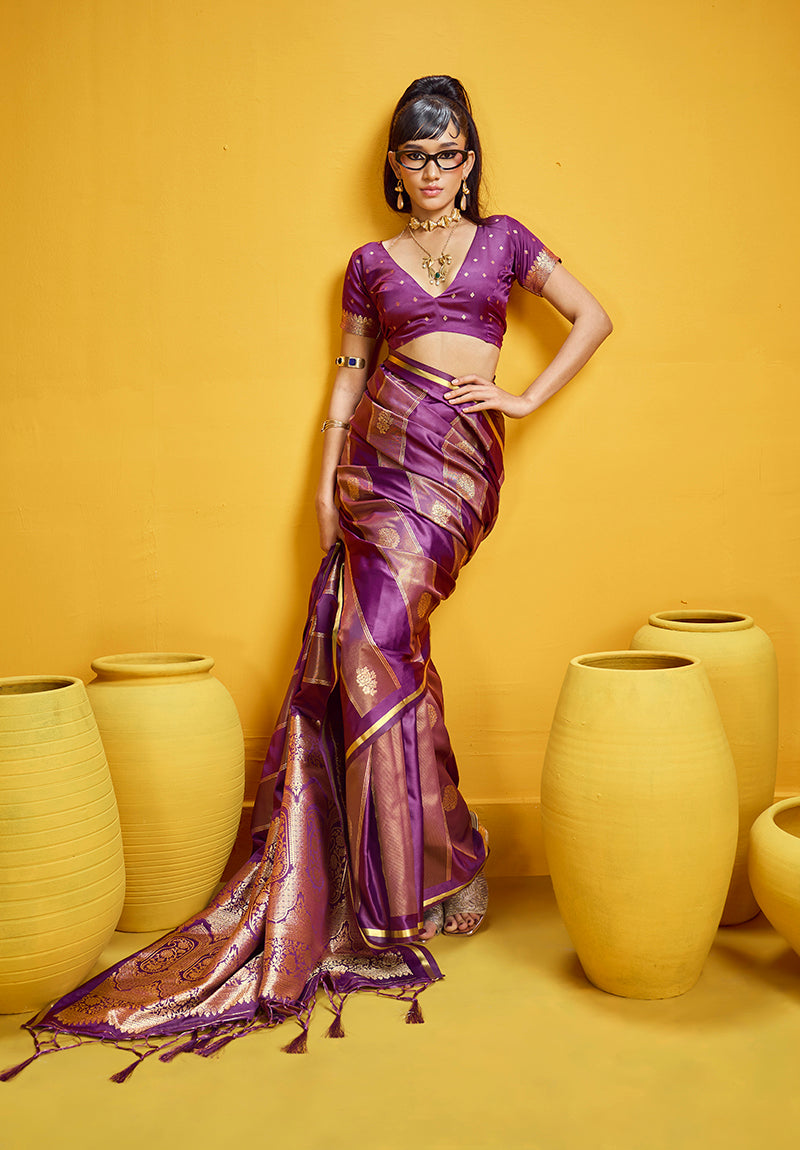 Monjolika Fashion Purple Color Satin Silk Handloom Weaving Saree | Grocsy