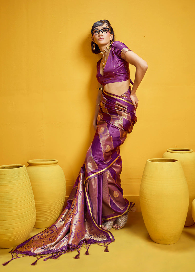 Monjolika Fashion Purple Color Satin Silk Handloom Weaving Saree | Grocsy