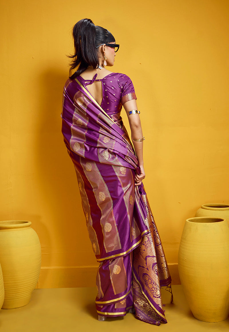 Monjolika Fashion Purple Color Satin Silk Handloom Weaving Saree | Grocsy