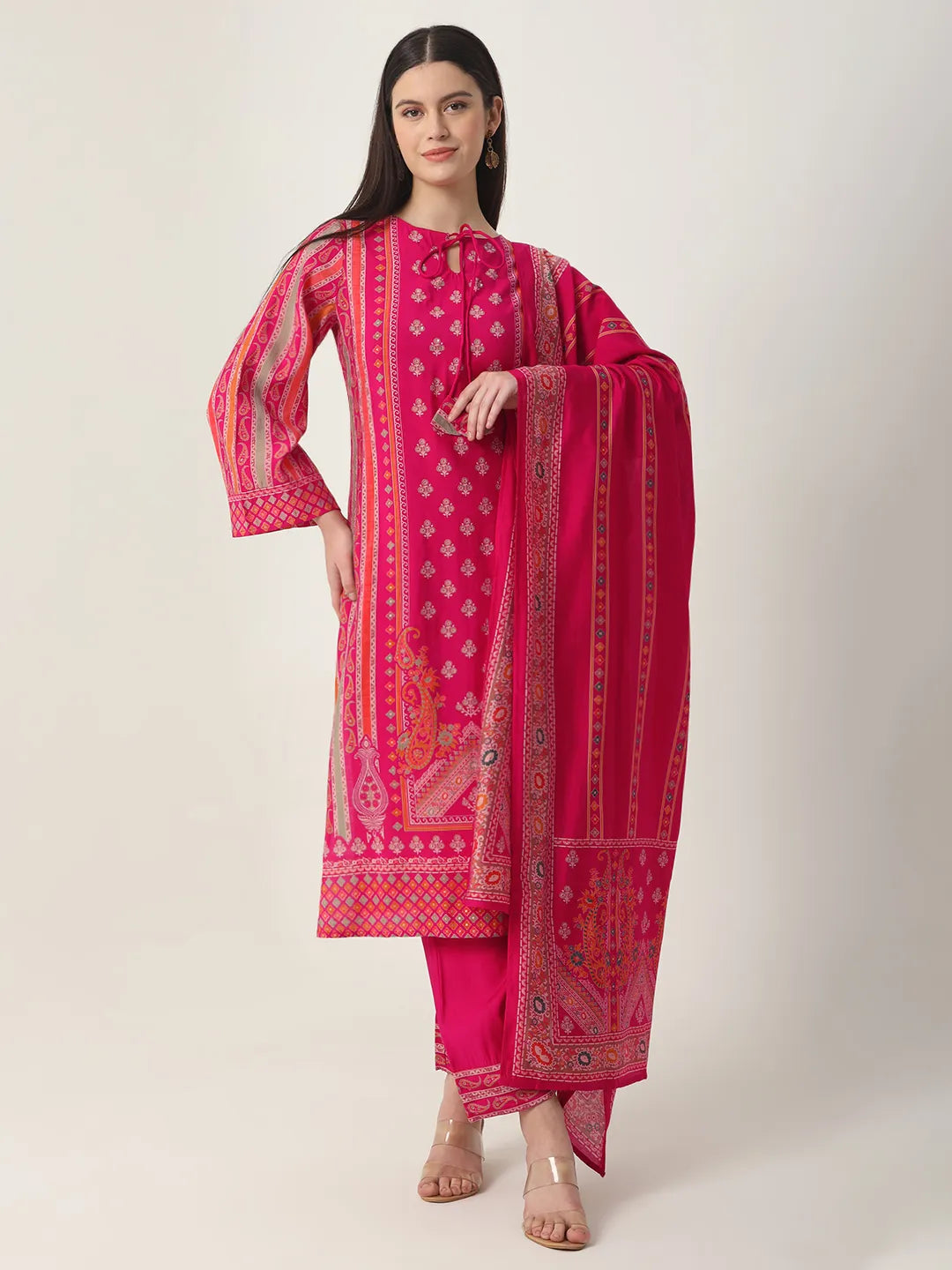 Yufta Pink Silk Tie Up Kurta Set With Pant & Dupatta | Grocsy