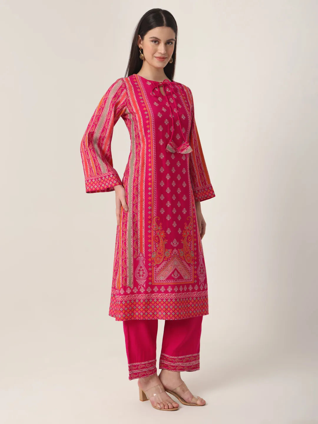 Yufta Pink Silk Tie Up Kurta Set With Pant & Dupatta | Grocsy