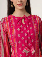 Yufta Pink Silk Tie Up Kurta Set With Pant & Dupatta | Grocsy