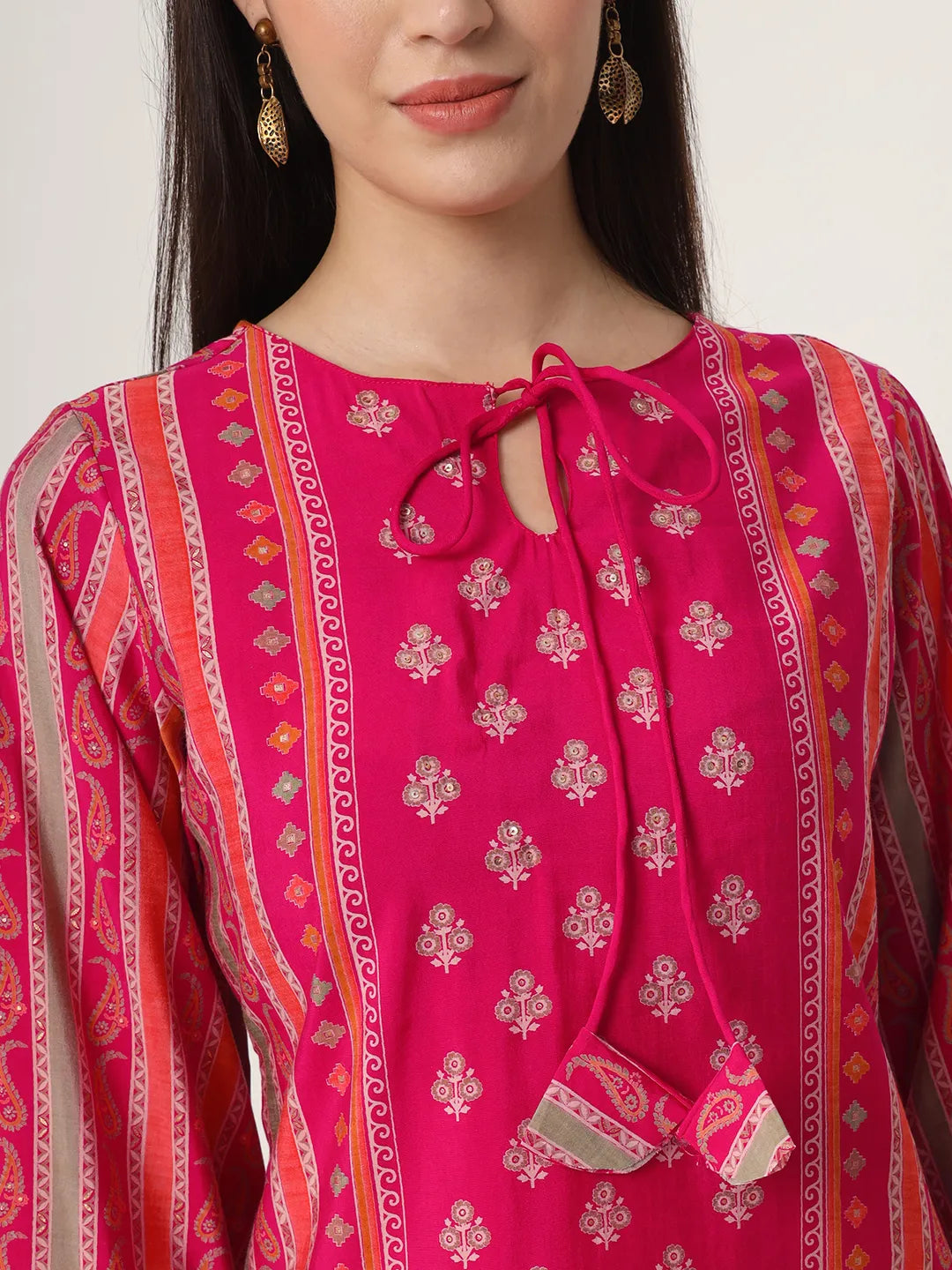 Yufta Pink Silk Tie Up Kurta Set With Pant & Dupatta | Grocsy