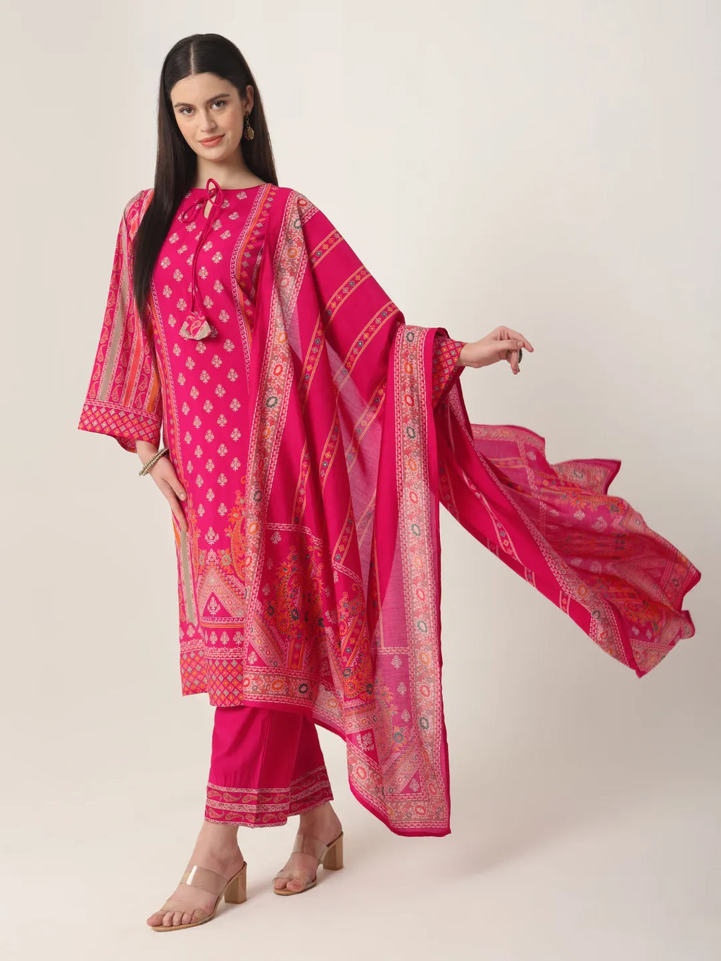 Yufta Pink Silk Tie Up Kurta Set With Pant & Dupatta | Grocsy