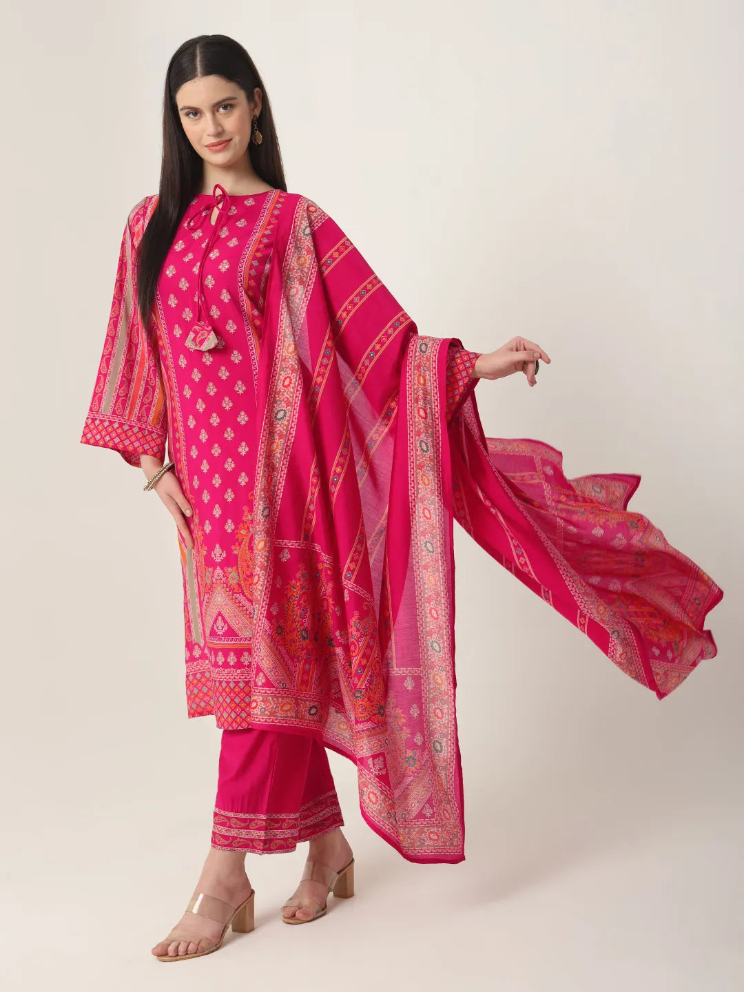Yufta Pink Silk Tie Up Kurta Set With Pant & Dupatta | Grocsy