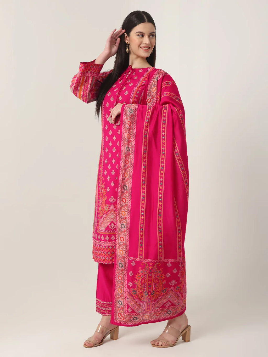 Yufta Pink Silk Tie Up Kurta Set With Pant & Dupatta | Grocsy