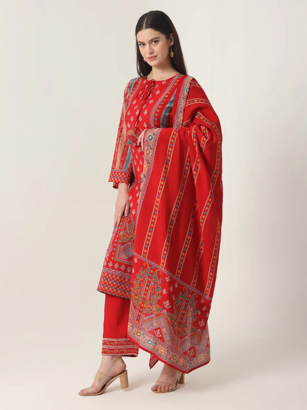 Yufta Red Silk Tie Up Kurta Set With Pant & Dupatta | Grocsy