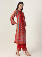 Yufta Red Silk Tie Up Kurta Set With Pant & Dupatta | Grocsy