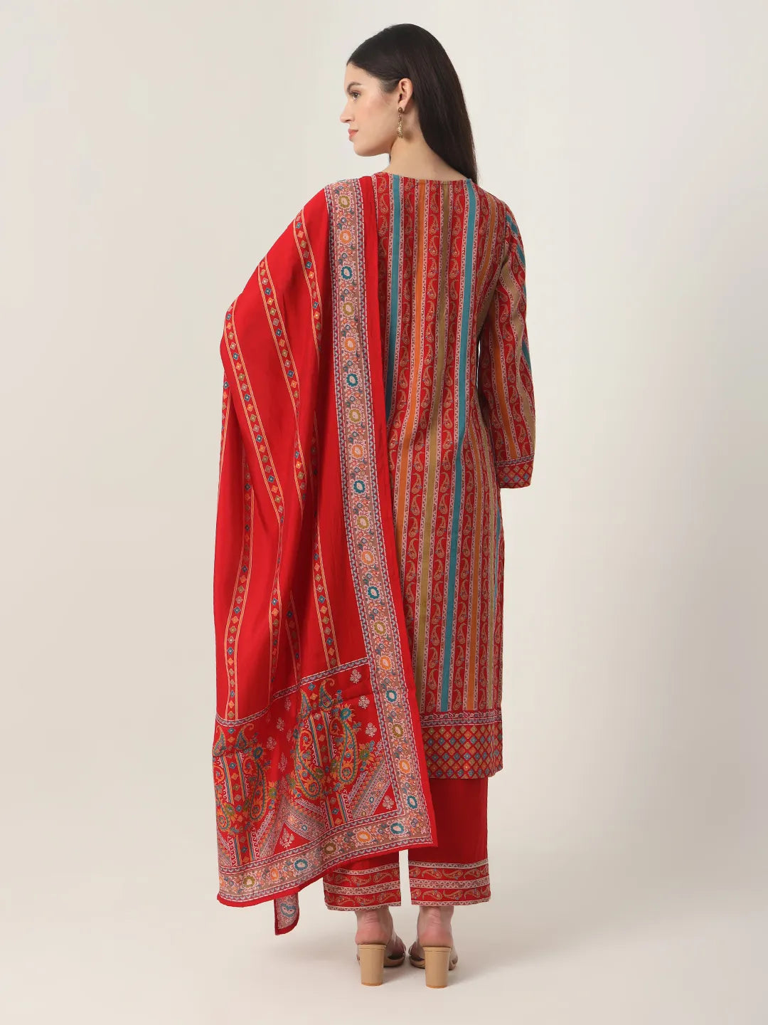 Yufta Red Silk Tie Up Kurta Set With Pant & Dupatta | Grocsy