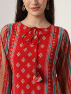 Yufta Red Silk Tie Up Kurta Set With Pant & Dupatta | Grocsy