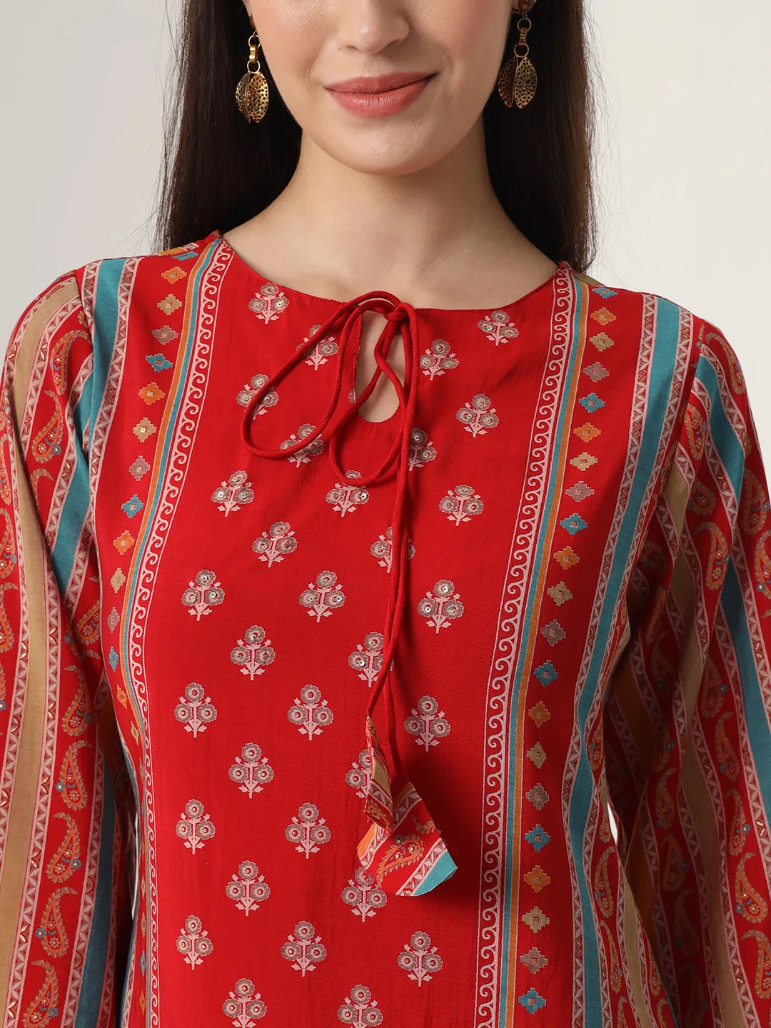 Yufta Red Silk Tie Up Kurta Set With Pant & Dupatta | Grocsy