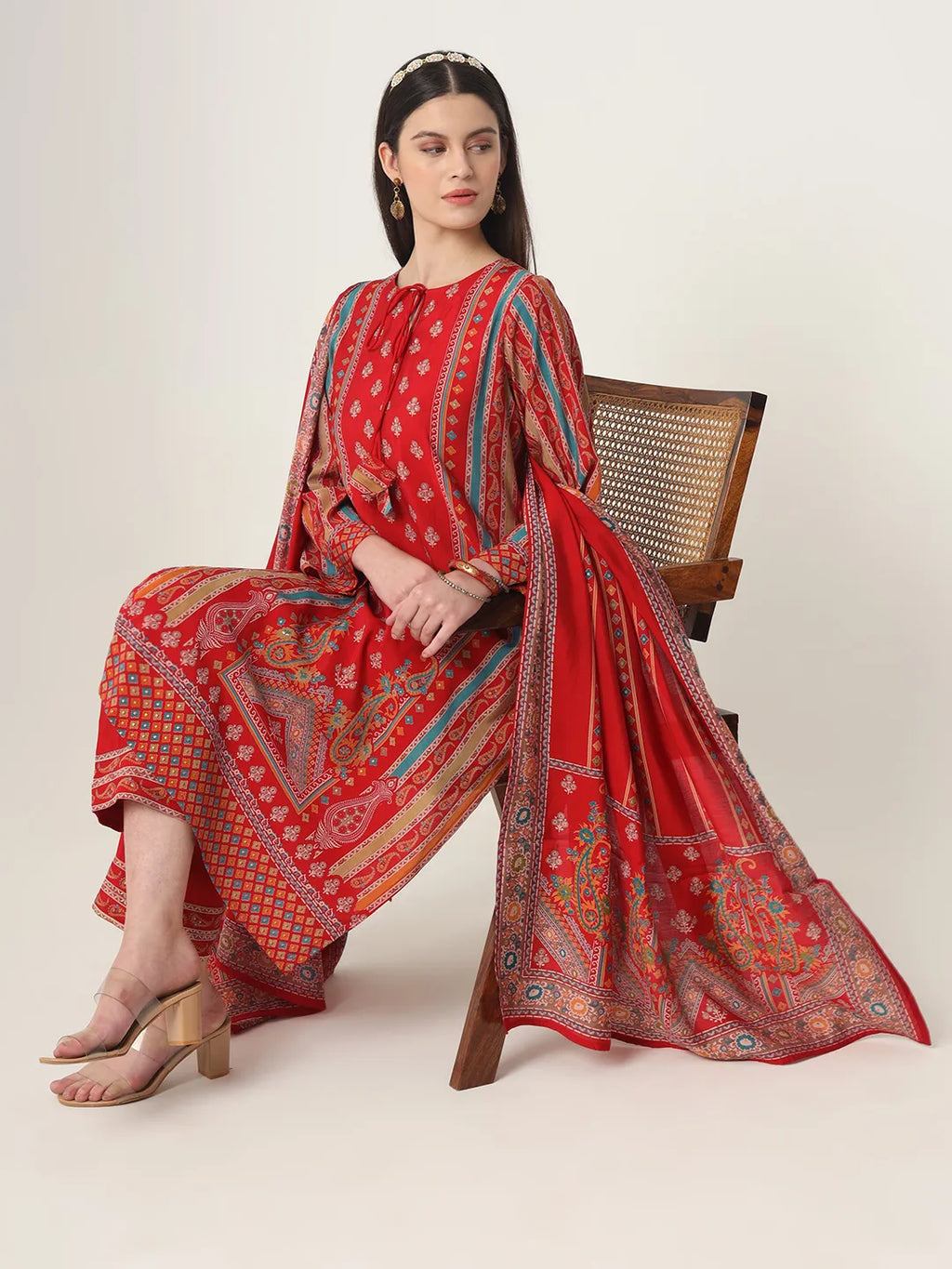 Yufta Red Silk Tie Up Kurta Set With Pant & Dupatta | Grocsy