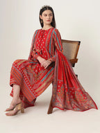 Yufta Red Silk Tie Up Kurta Set With Pant & Dupatta | Grocsy