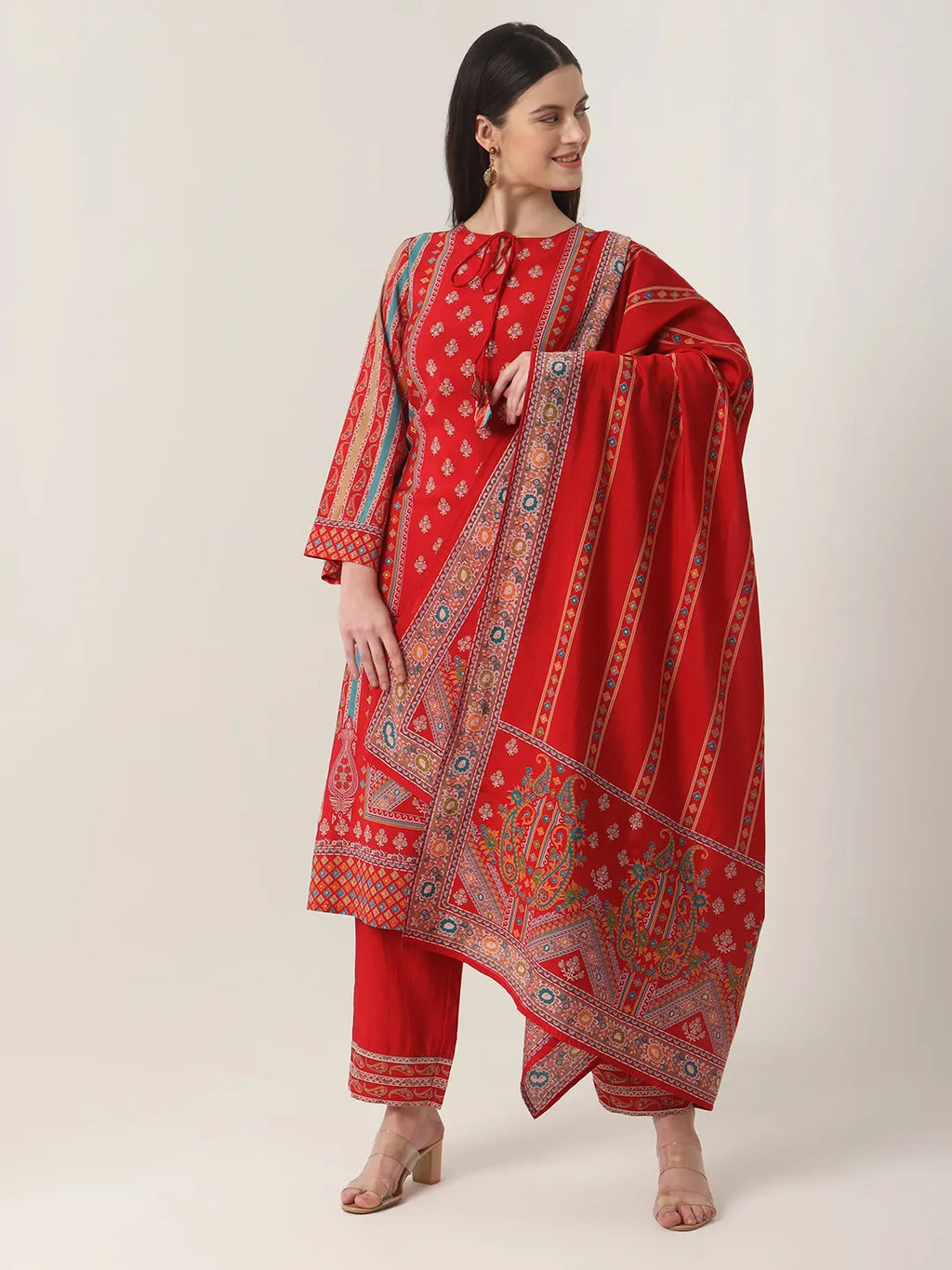 Yufta Red Silk Tie Up Kurta Set With Pant & Dupatta | Grocsy